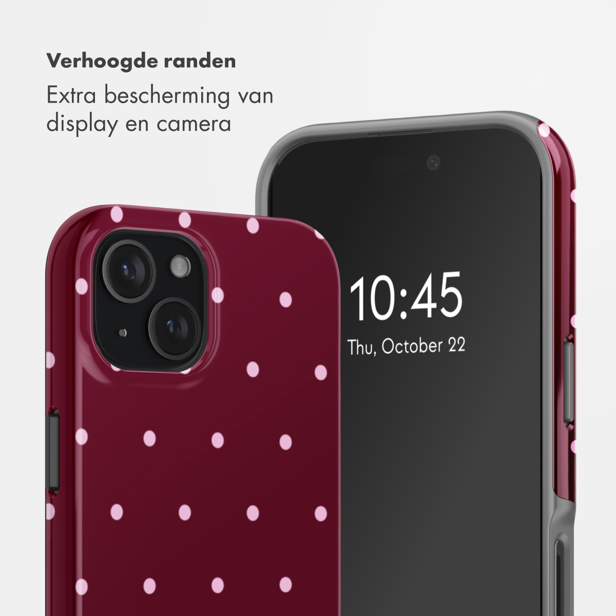 Een donkerrode telefoonhoes met witte stippen en een telefoonscherm.