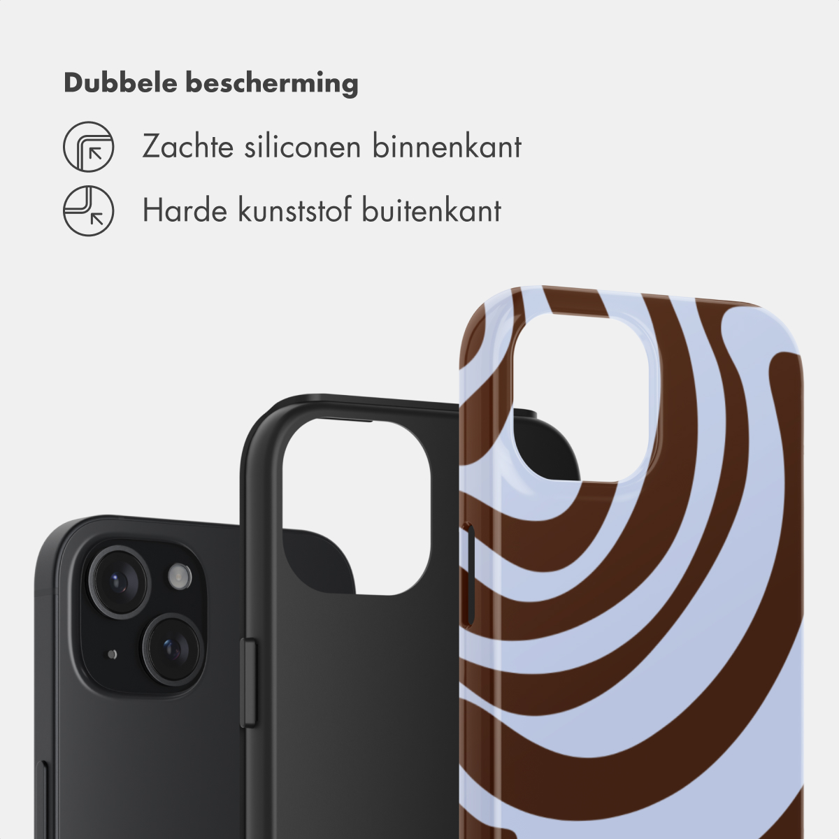 Zwarte telefoon met zachte siliconen en harde plastic hoes, bruin-wit golvend patroon.