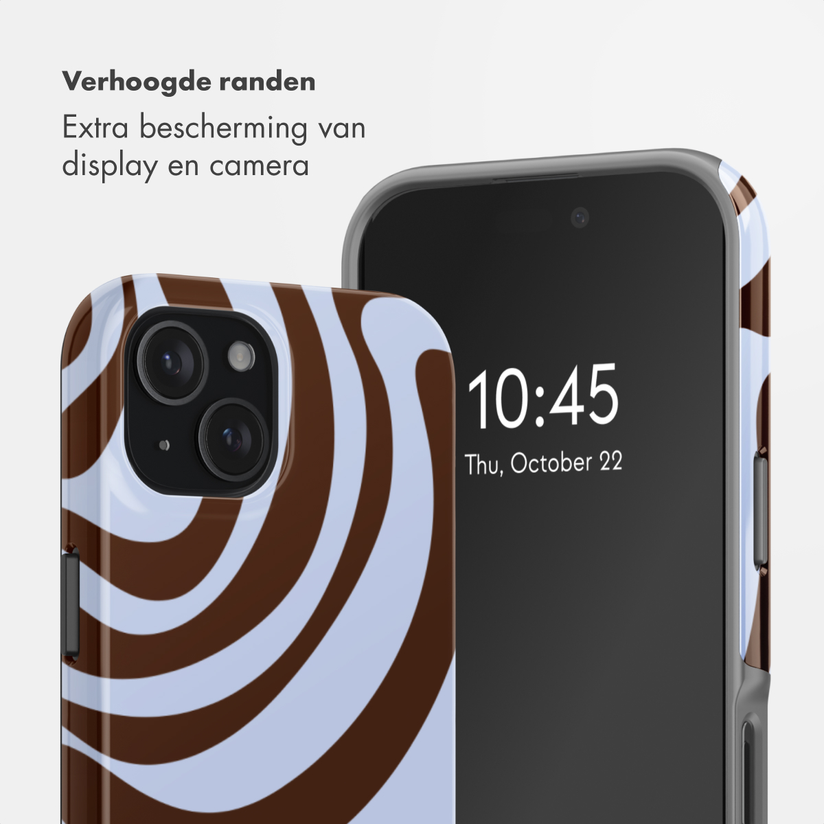 Een telefoon met bruin-wit patroon en een donker scherm.