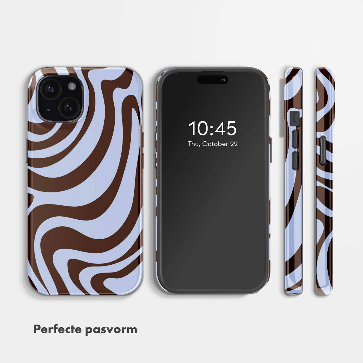 Een smartphone met een bruine en lichtblauwe golvende patroonhoes en tijd 10:45.
