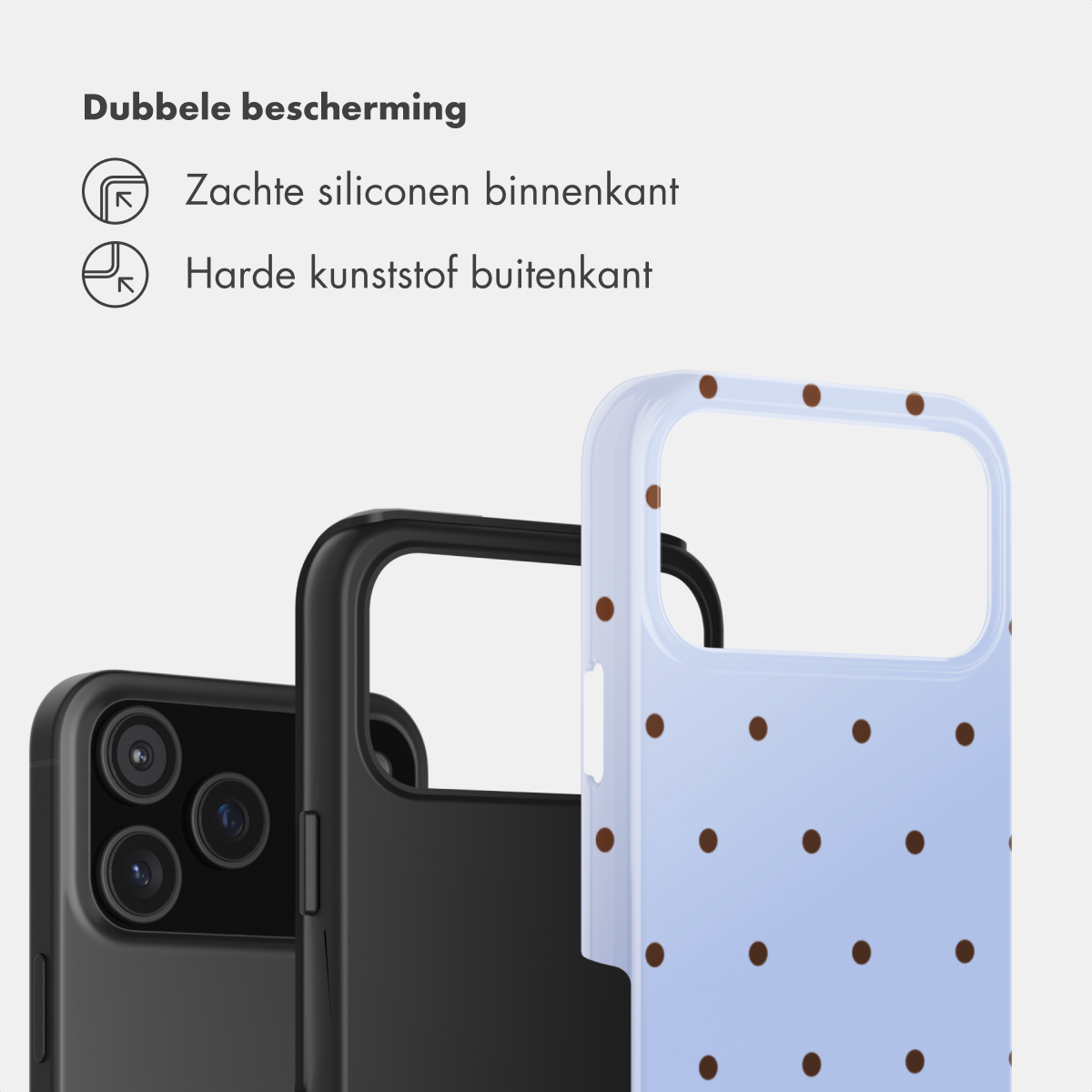 Drei Handyhüllen: eine schwarze mit Kamera, eine schwarze und eine hellblaue mit braunen Punkten.