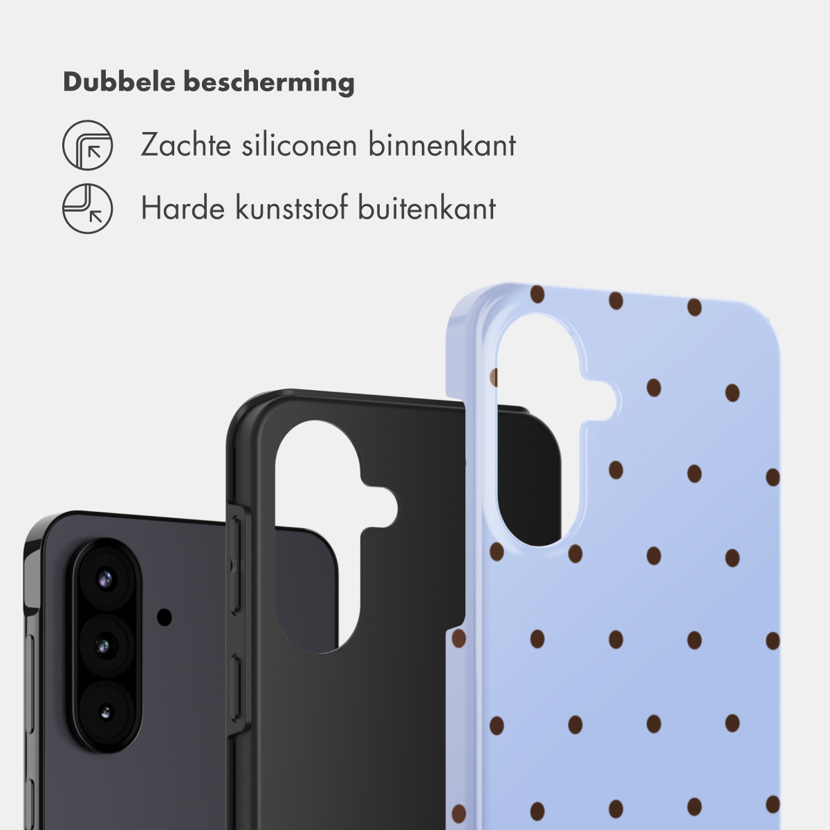 Three phone cases close-up. One black, one black with cutout, one light blue with dots.