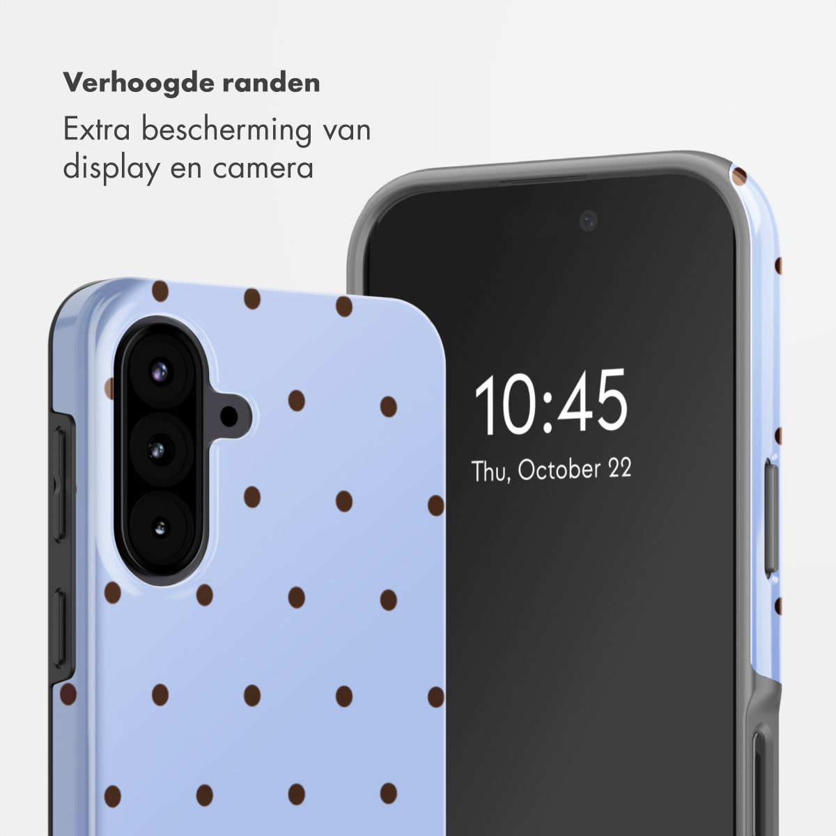 Light blue phone case with brown dots and a camera cutout.