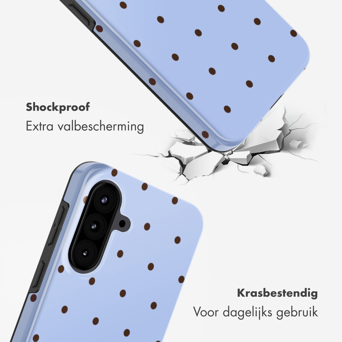 Light blue phone case with brown dots falling onto cracked ground.