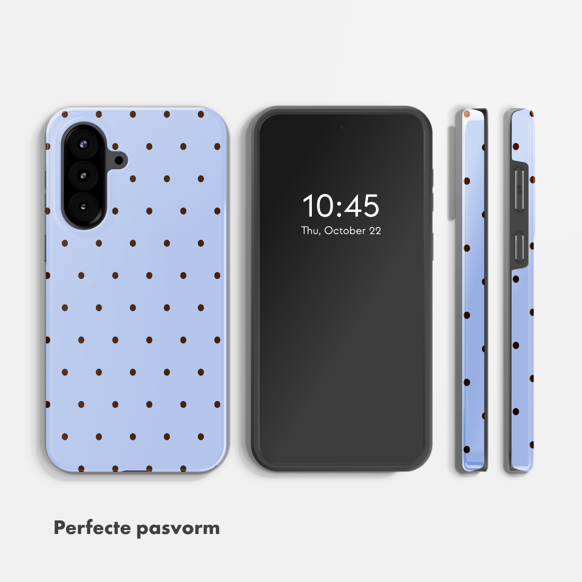 Light blue phone case with brown dots, next to a smartphone.
