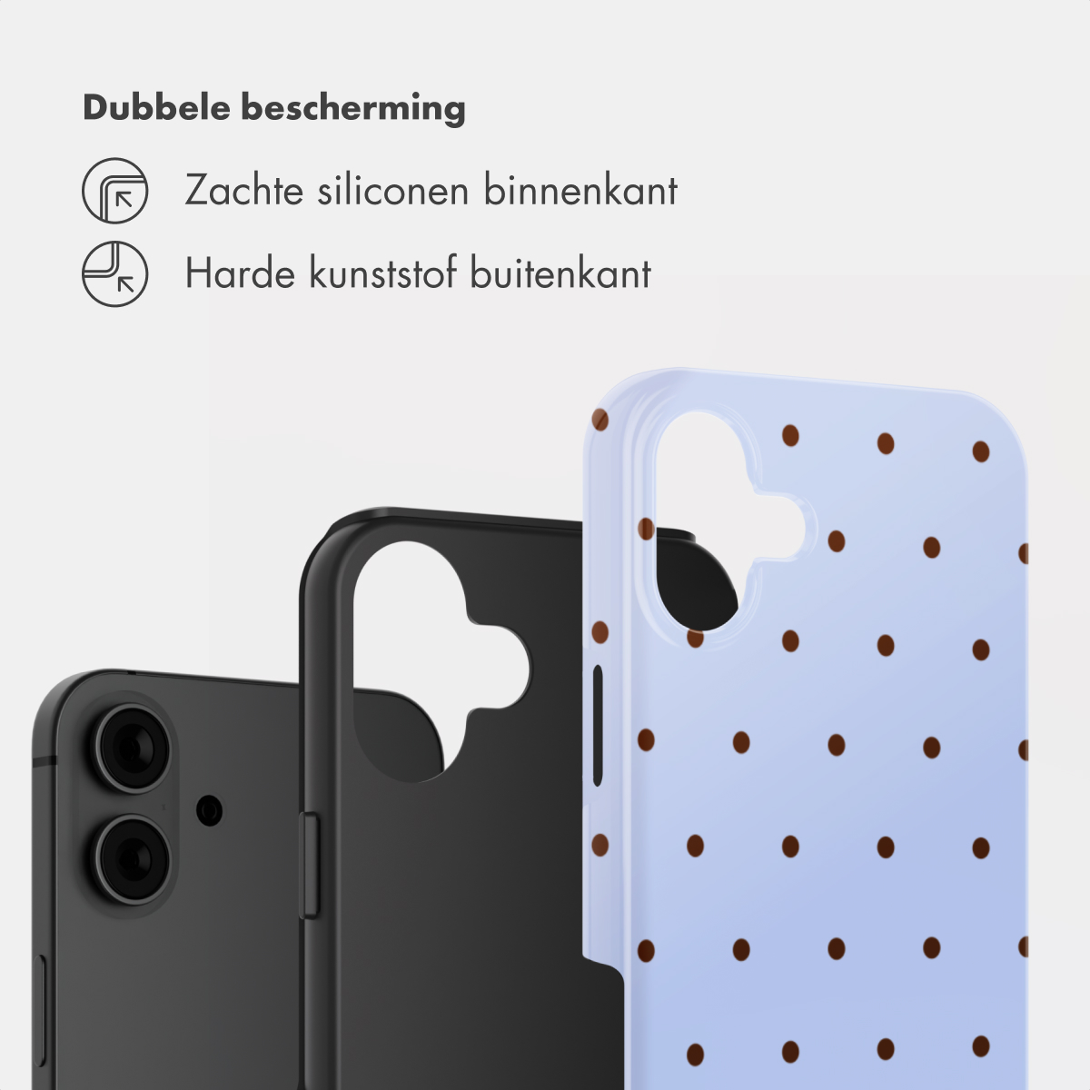 Drei Handyhüllen: Eine schwarze, eine schwarze und eine hellblaue mit braunen Punkten.