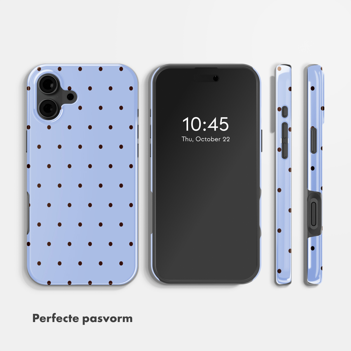 Ein hellblaues Handycover mit braunen Punkten, daneben ein Handy.