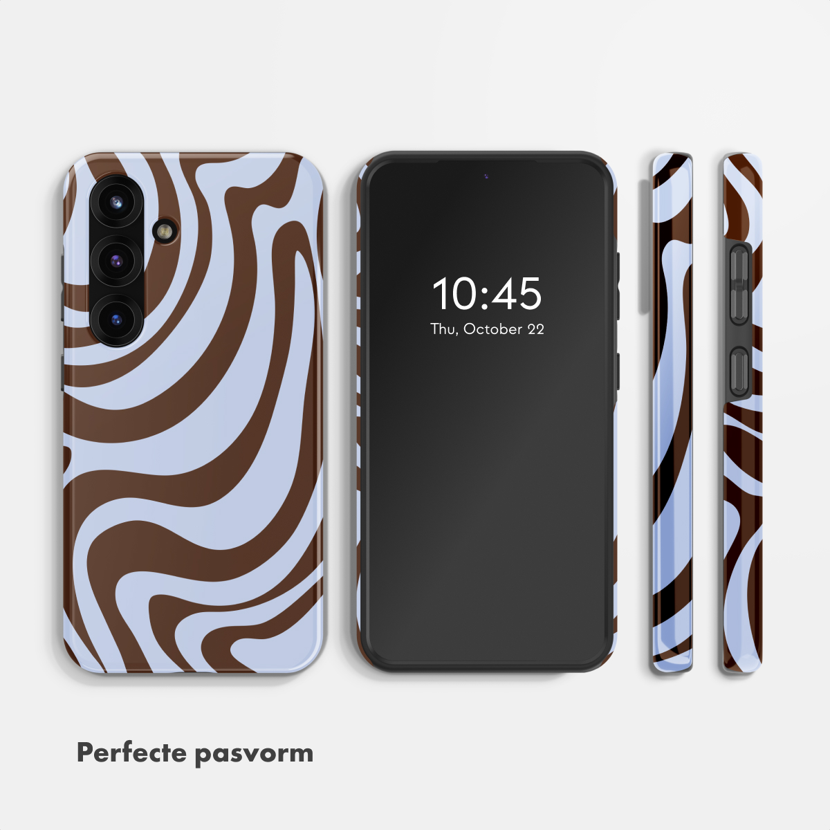 Ein Smartphone mit einem braun-blauen Wirbelmuster-Case, daneben das Handy.