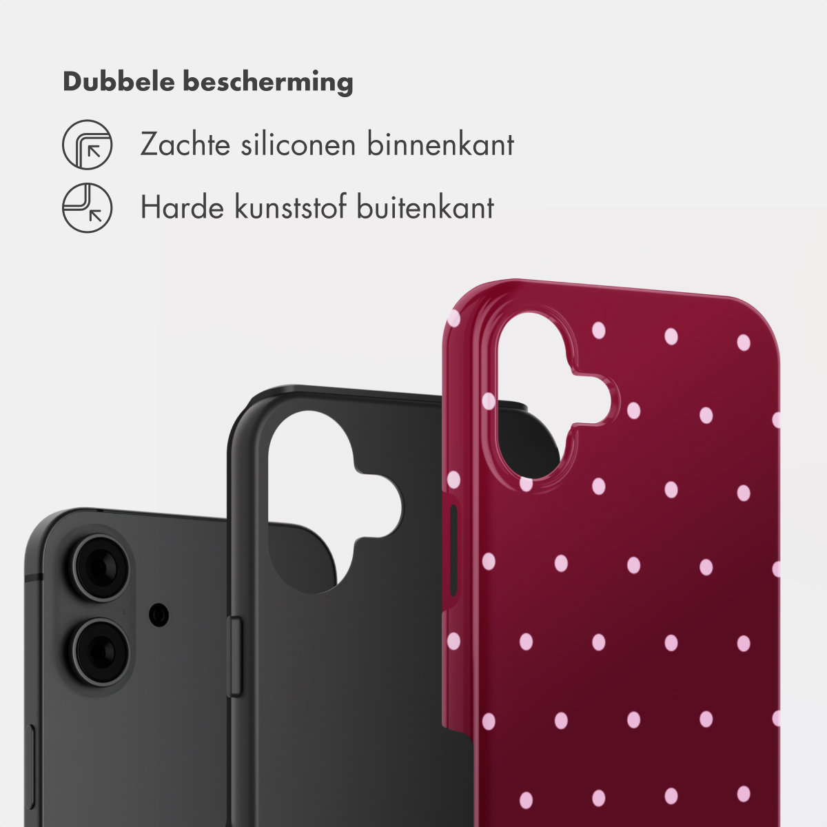 Drei Handyhüllen: eine schwarze, eine schwarze mit Muster und eine rote mit weißen Punkten.