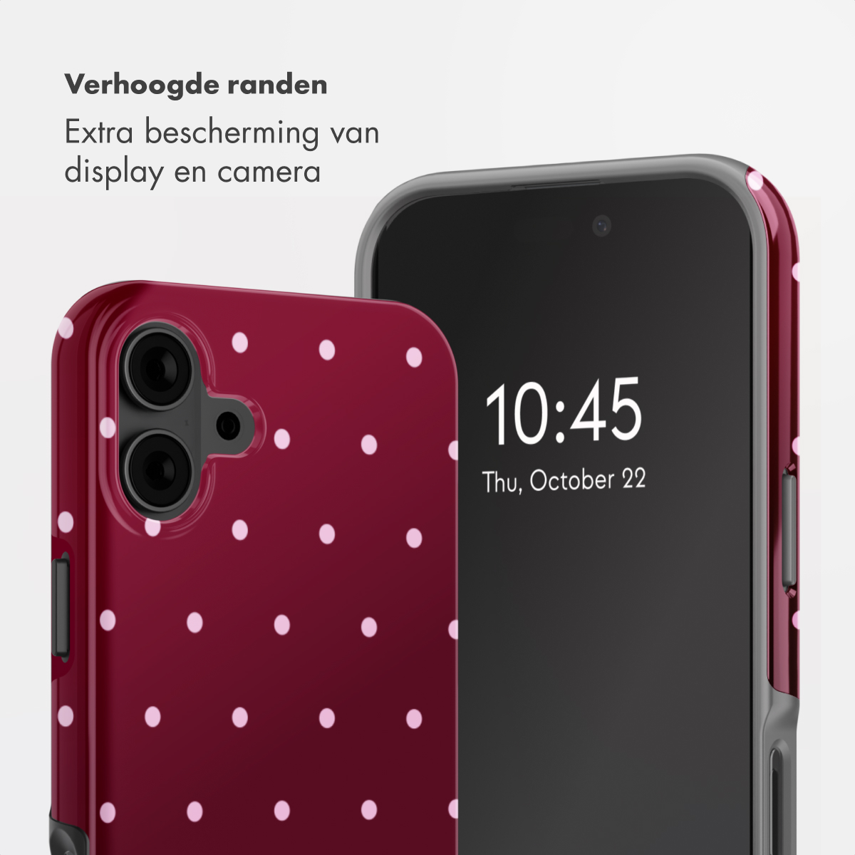 Rot gemustertes Handyhülle mit weißen Punkten und einem Smartphone.