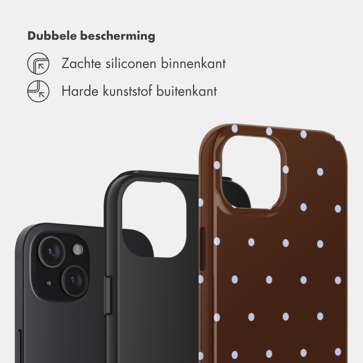 Drie telefoonhoesjes: een zwarte, een zwarte en een bruine met witte stippen.