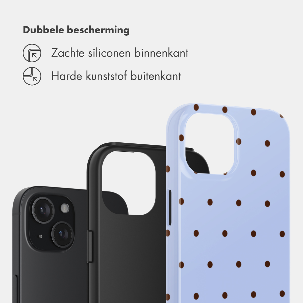 Een zwarte telefoon met twee hoesjes, één met bruine stippen.
