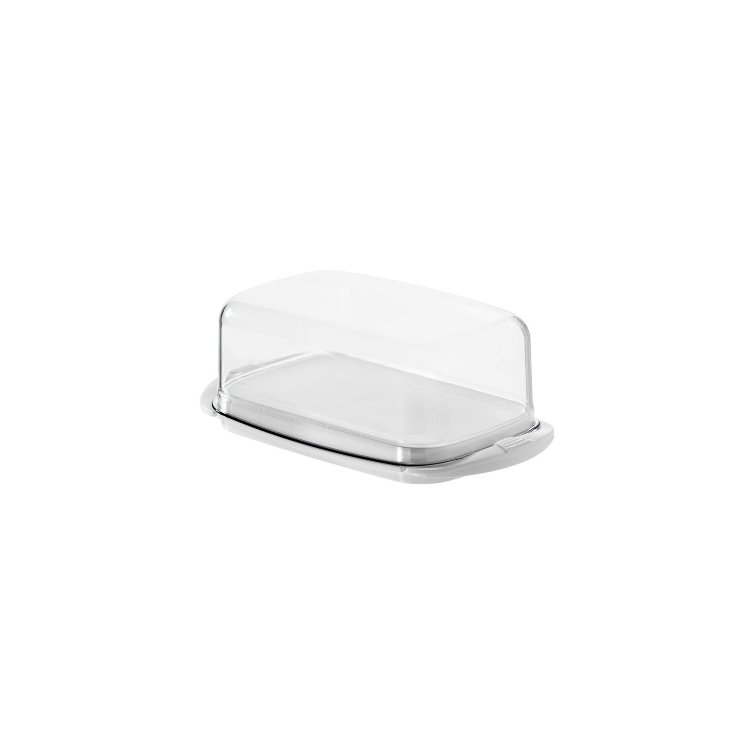 Una burriera trasparente in plastica con base e coperchio bianchi.