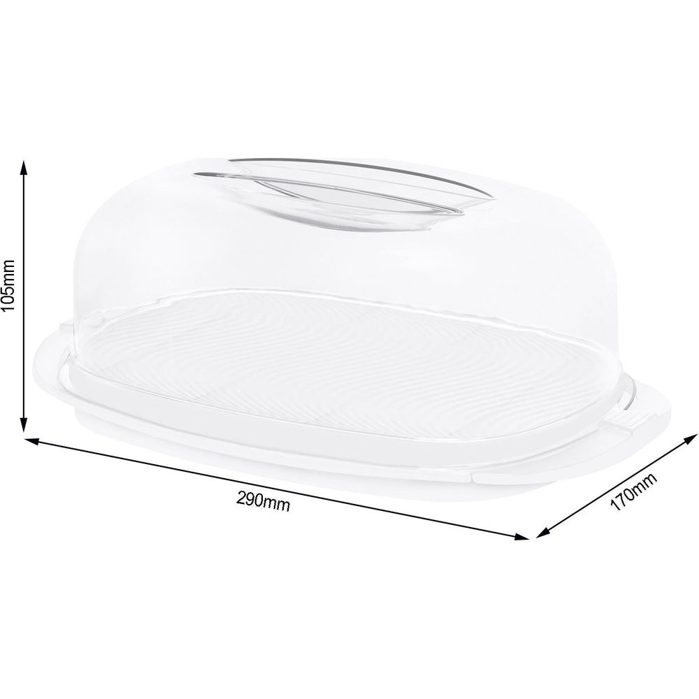Un piatto bianco per torte con coperchio trasparente e dimensioni.