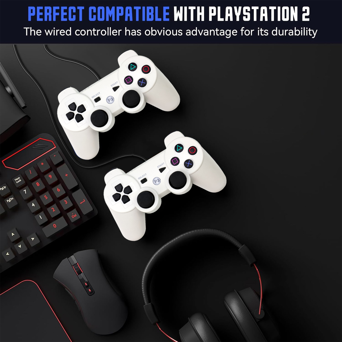 Zwei weiße Controller, Tastatur, Maus und Kopfhörer auf schwarzem Hintergrund.