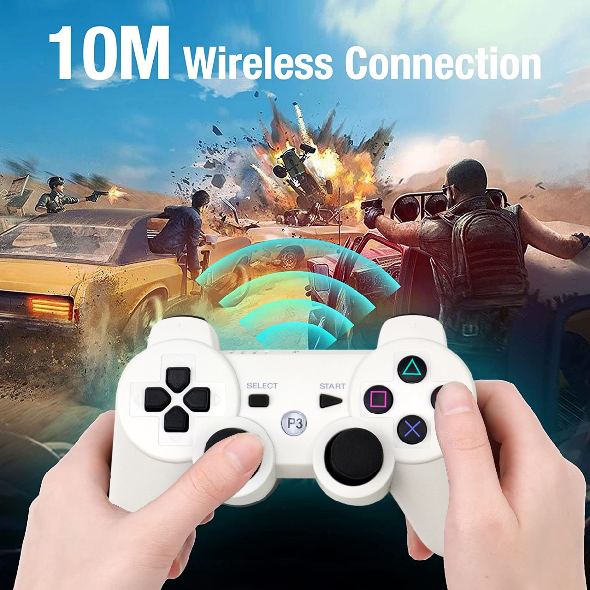 Weiße Controller-Hände, die ein explosives Autorennen spielen, mit „10M Wireless Connection“.