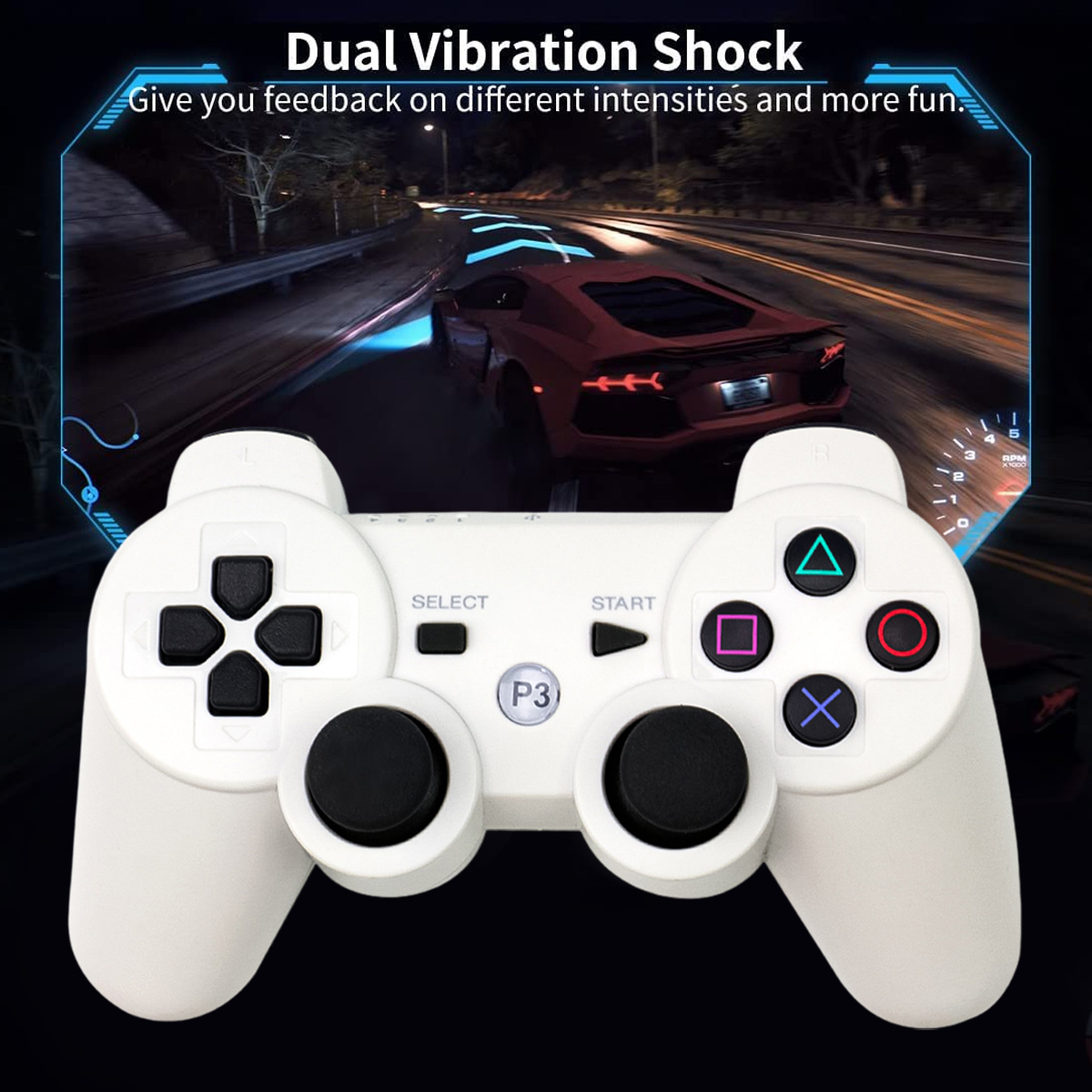 Ein weißer Controller vor einem Rennspielbildschirm mit einem roten Sportwagen.