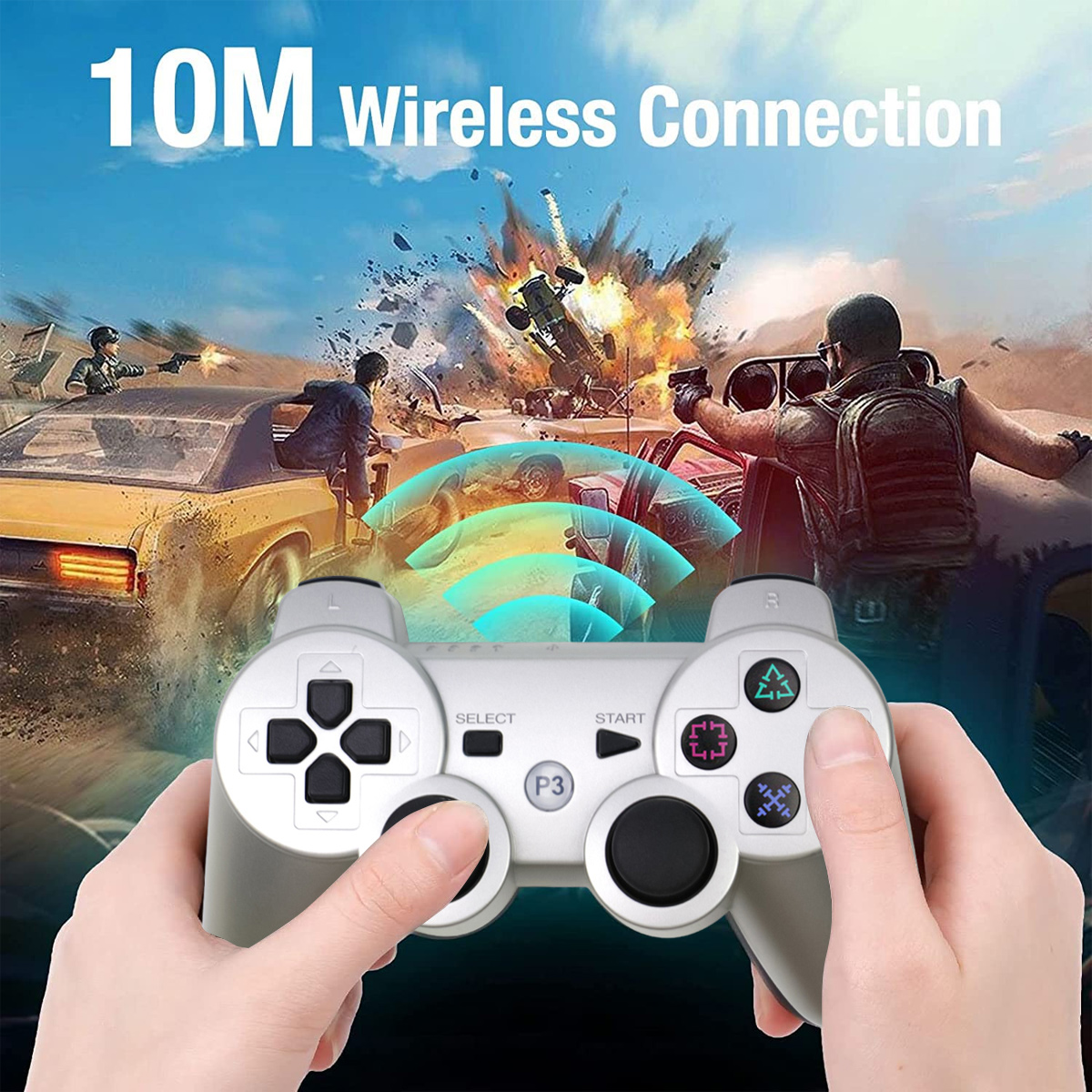 Ein weißer Controller wird gehalten, mit einem Spiel im Hintergrund, das eine Explosion zeigt.