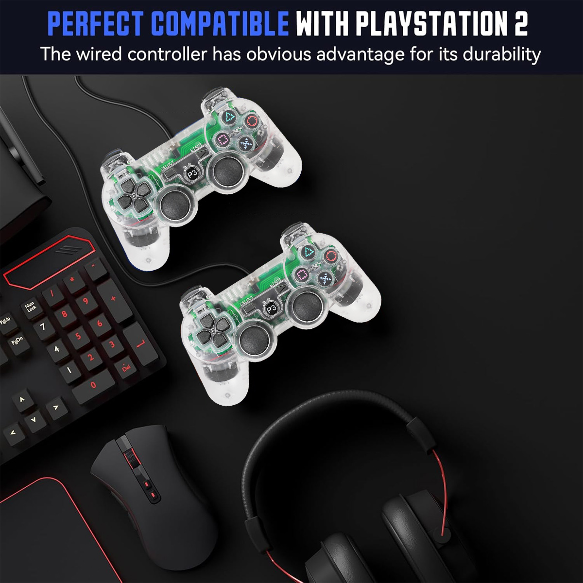 Zwei transparente Controller, eine Tastatur, eine Maus und Kopfhörer auf schwarzem Hintergrund.