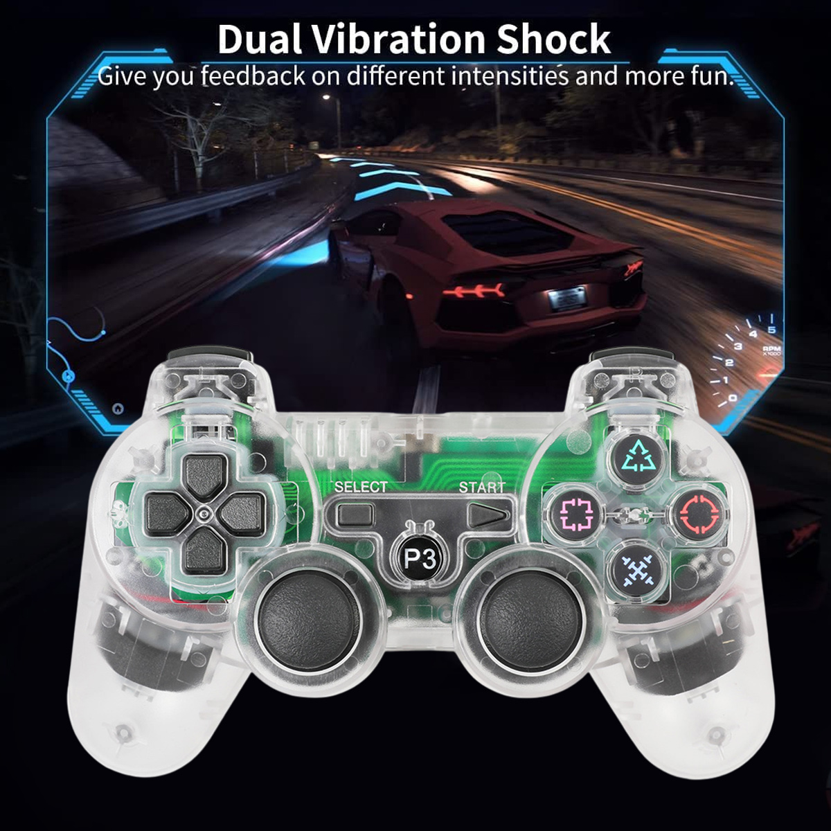Transparenter Gamecontroller mit Overlay einer Rennspielszene. Mit Dual-Vibration.