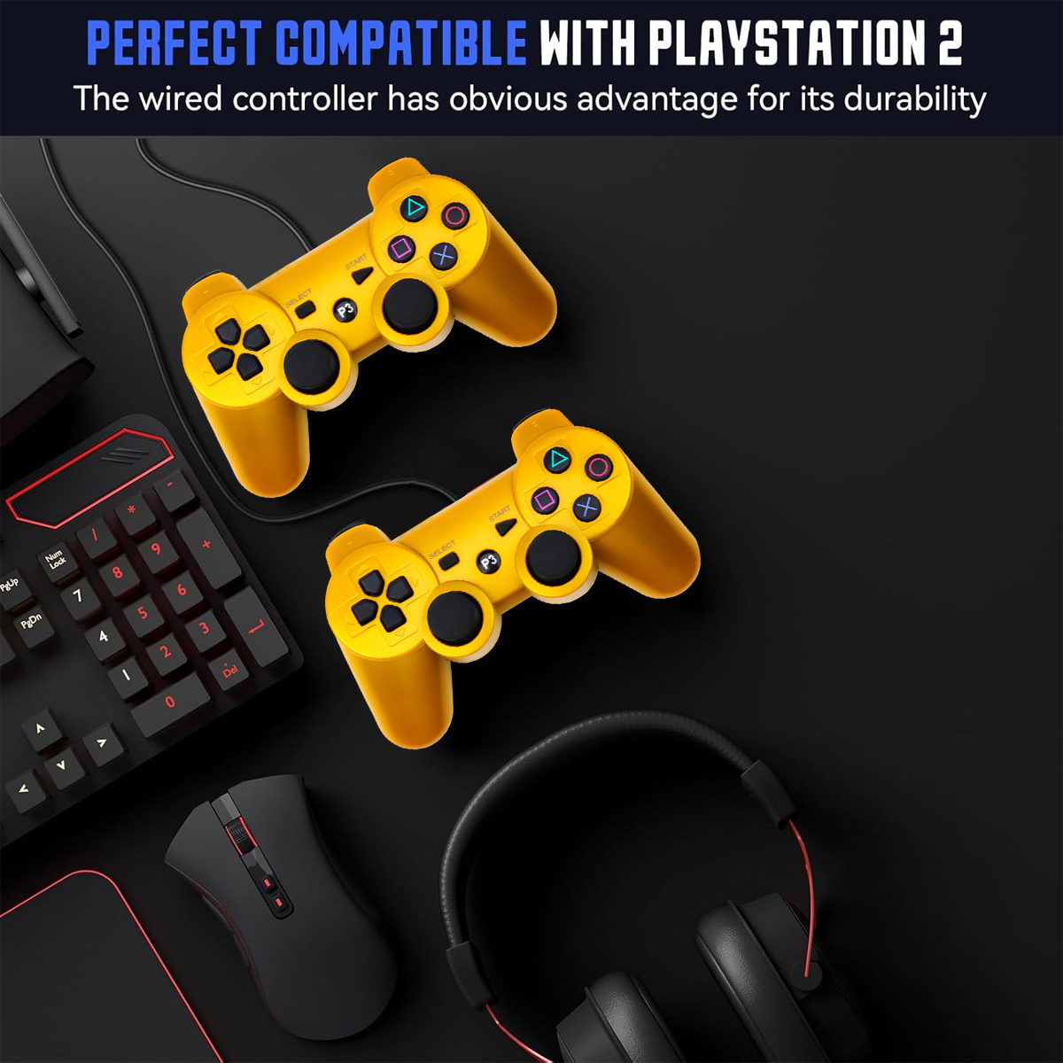 Zwei gelbe Controller liegen neben einer Tastatur, Maus und Kopfhörern.