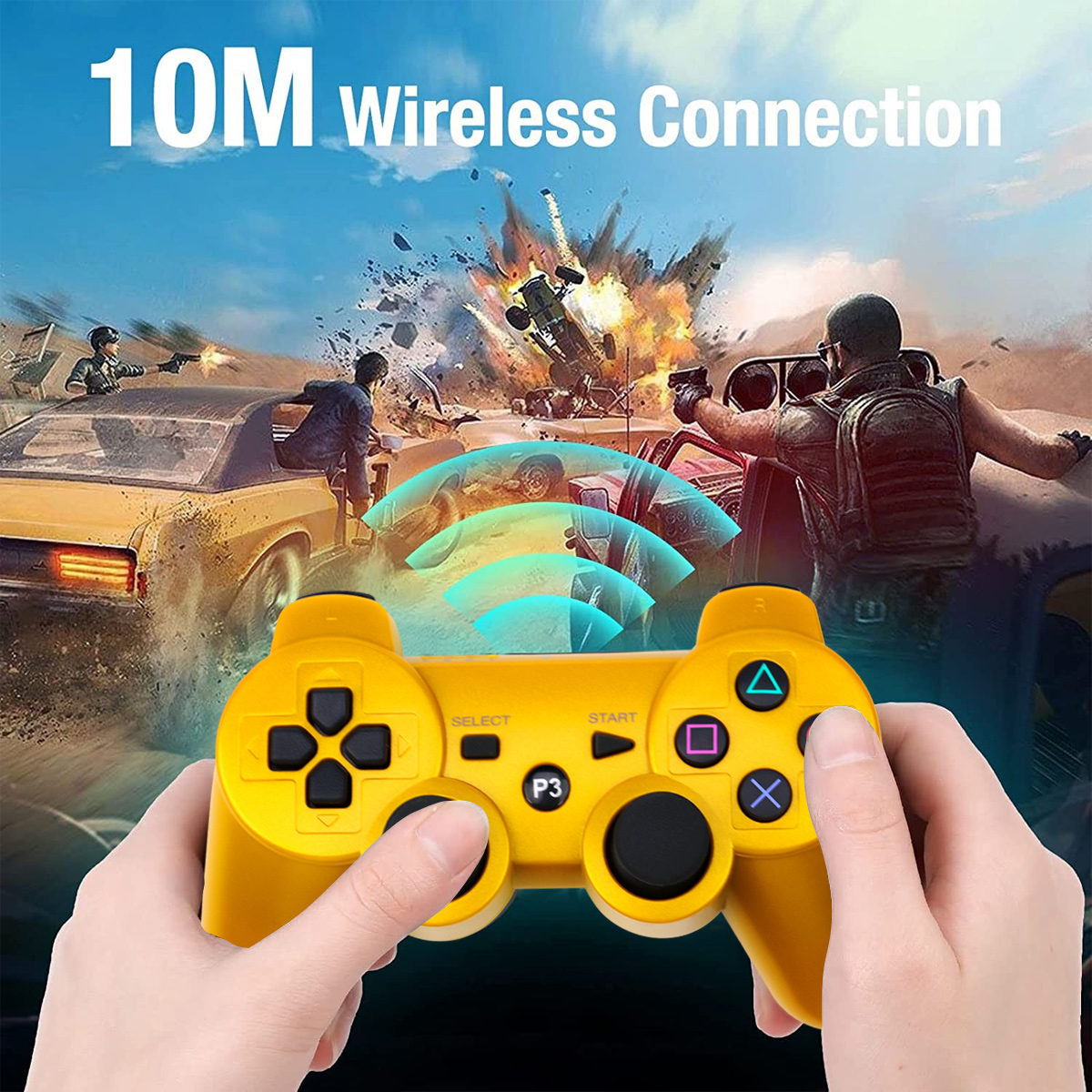 Gelber Gamecontroller in Händen, mit Action-Szene im Hintergrund.