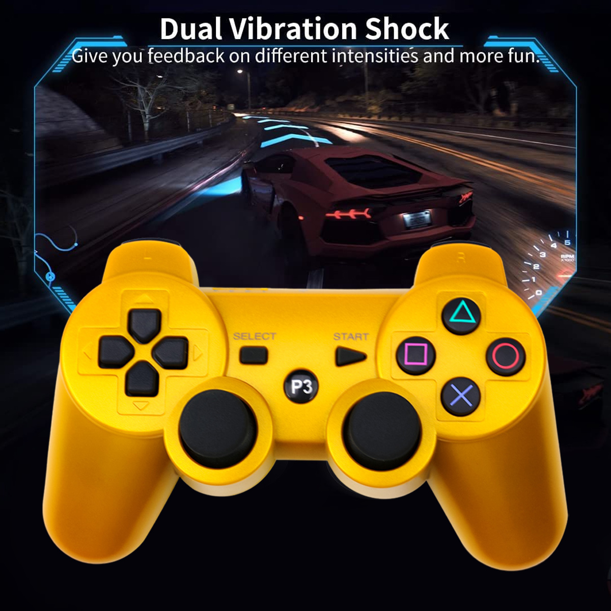 Ein gelber Controller vor einem Autorennen-Hintergrund mit einem roten Sportwagen.