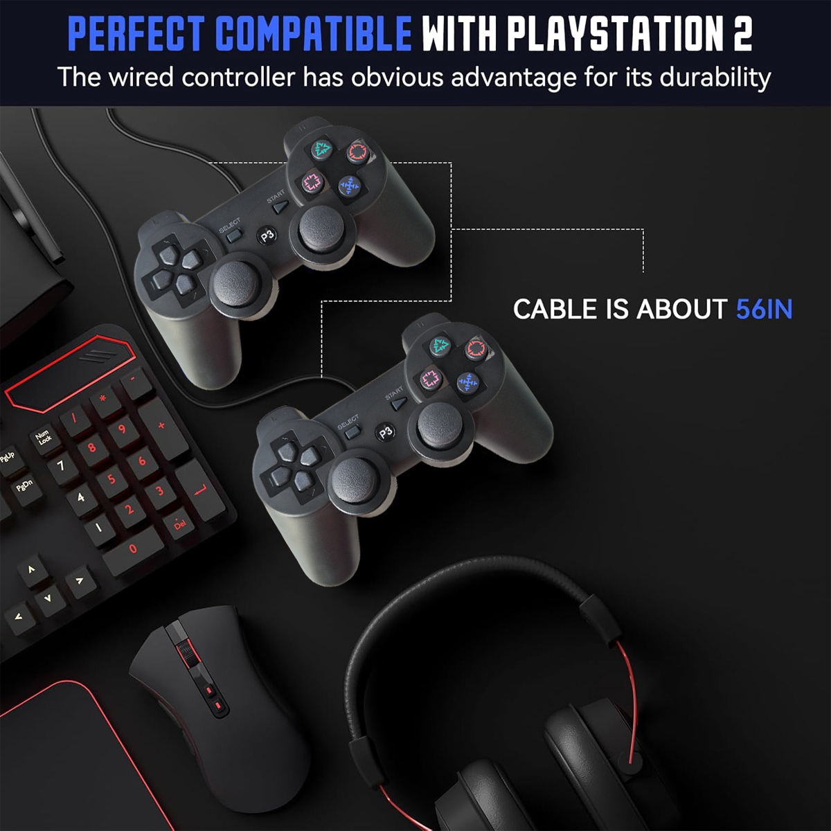 Zwei schwarze Controller, Tastatur, Maus und Kopfhörer auf schwarzem Hintergrund.