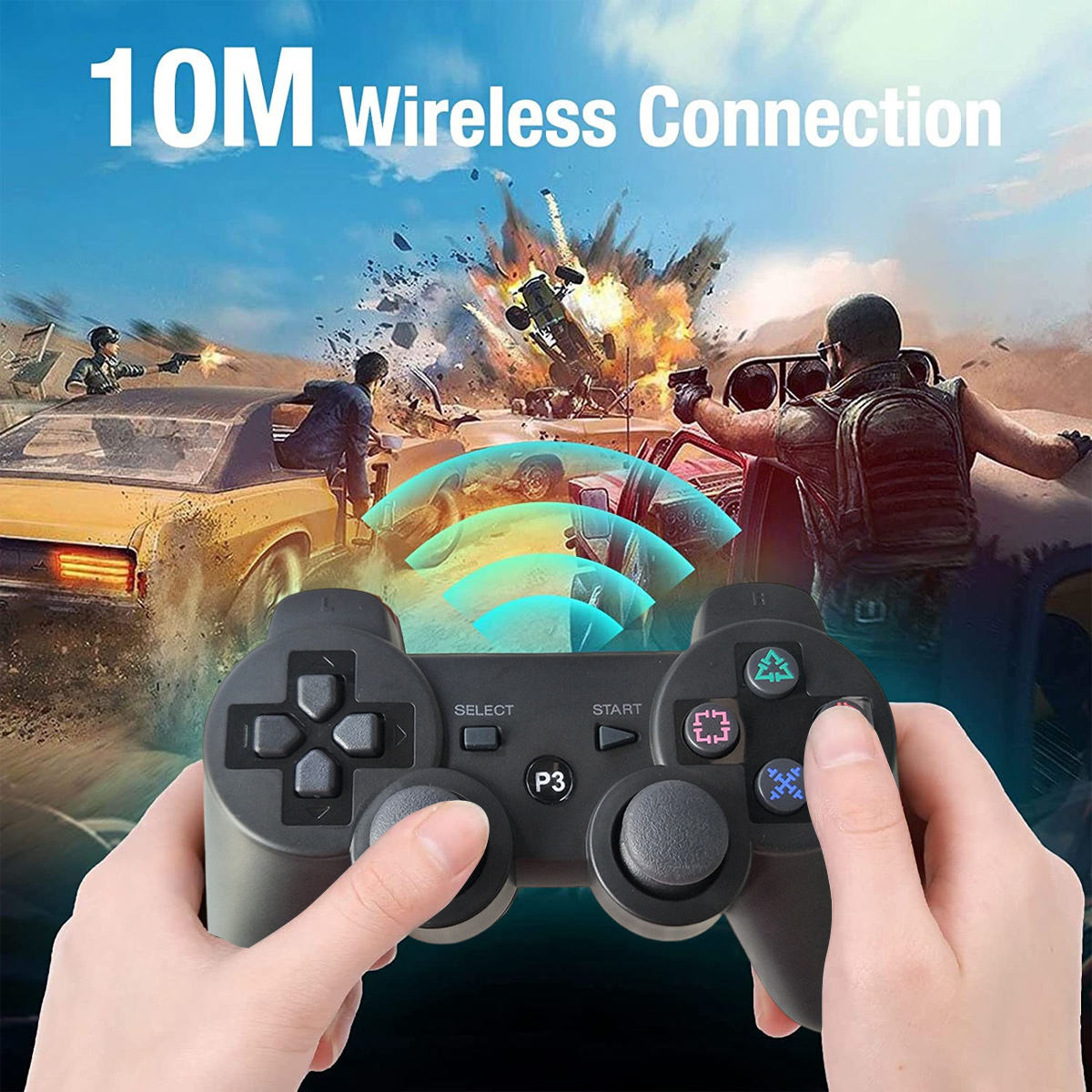 Hände halten einen Controller, um ein Actionsspiel mit explodierenden Autos zu spielen.