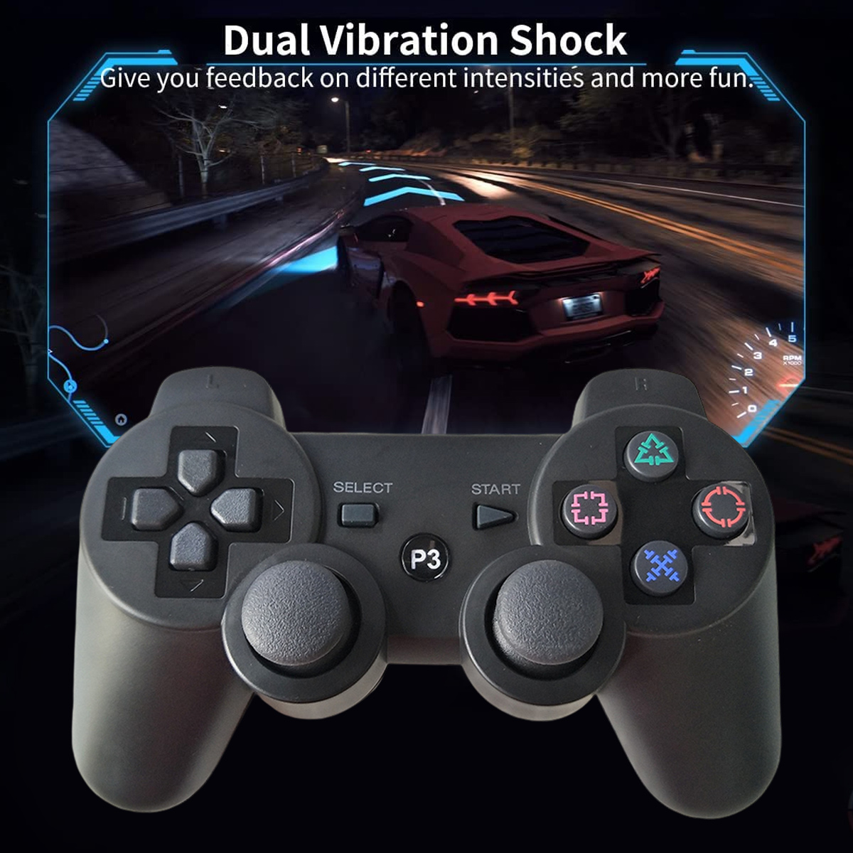 Schwarzer Gaming-Controller vor einem Rennspiel-Bildschirm mit einem roten Auto.