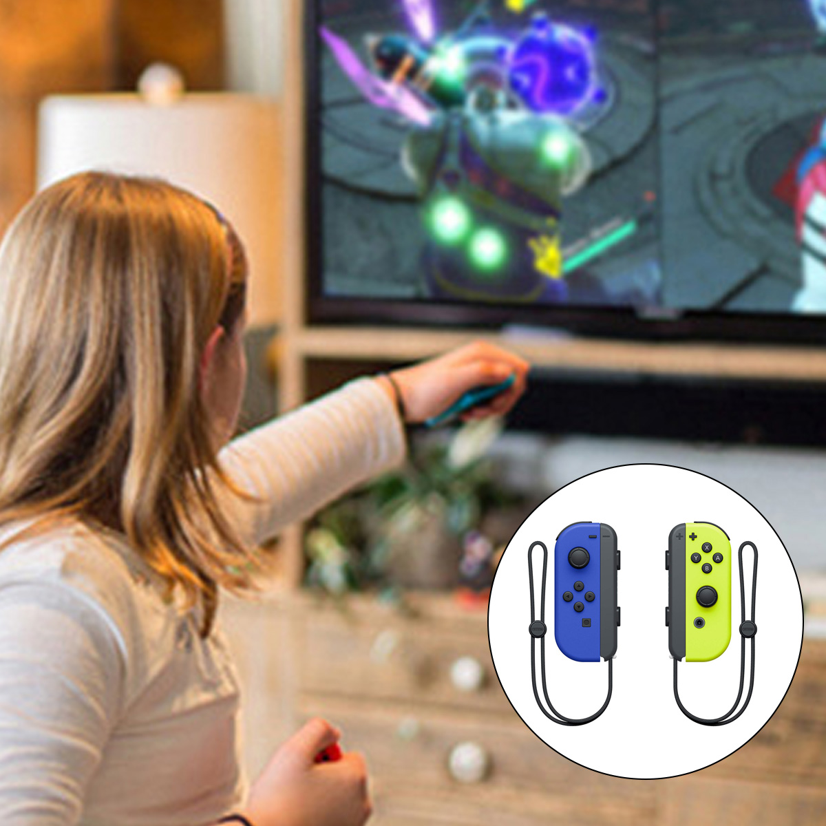 Ein Kind spielt Videospiele mit blauen und grünen Controllern. Zwei Controller sind gezeigt.