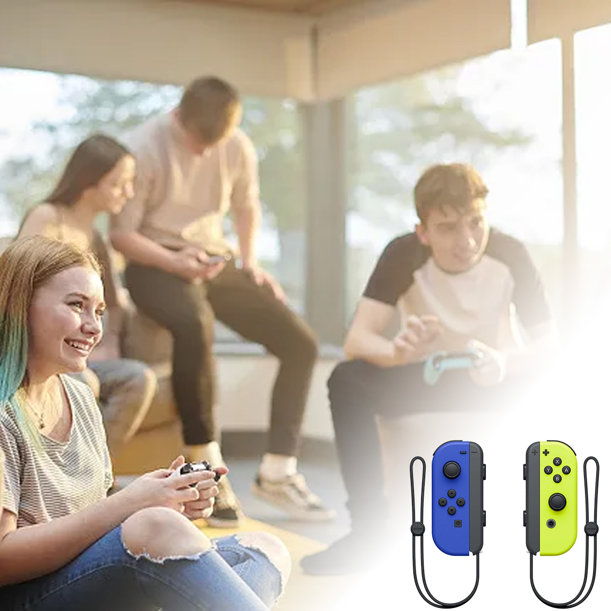 Freunde spielen Videospiele im Freien. Zwei Joy-Con-Controller sind abgebildet.
