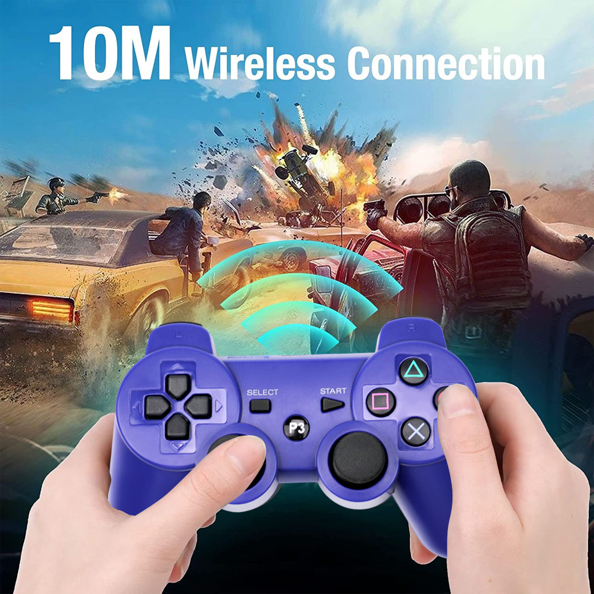 Blaue Controller-Vorderansicht mit Explosion im Hintergrund.