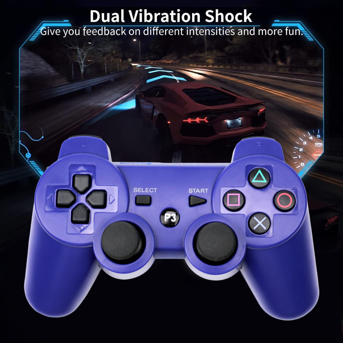 Lila Controller vor einem Rennspiel-Hintergrund mit einem roten Sportwagen.