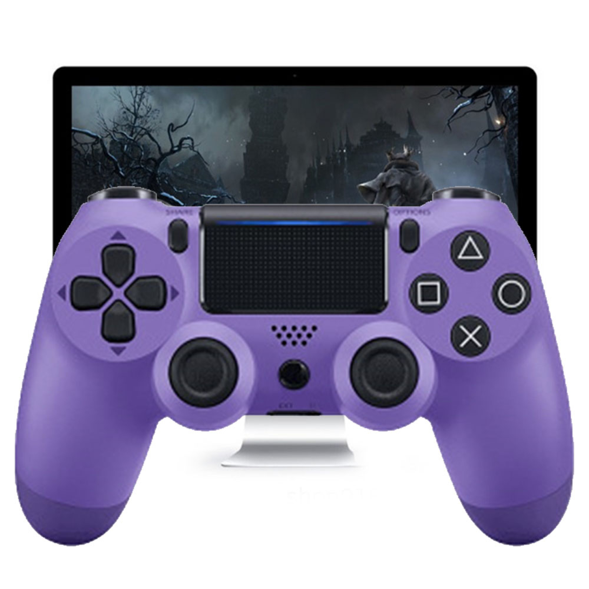Ein lila Controller vor einem dunklen Spielbildschirm.