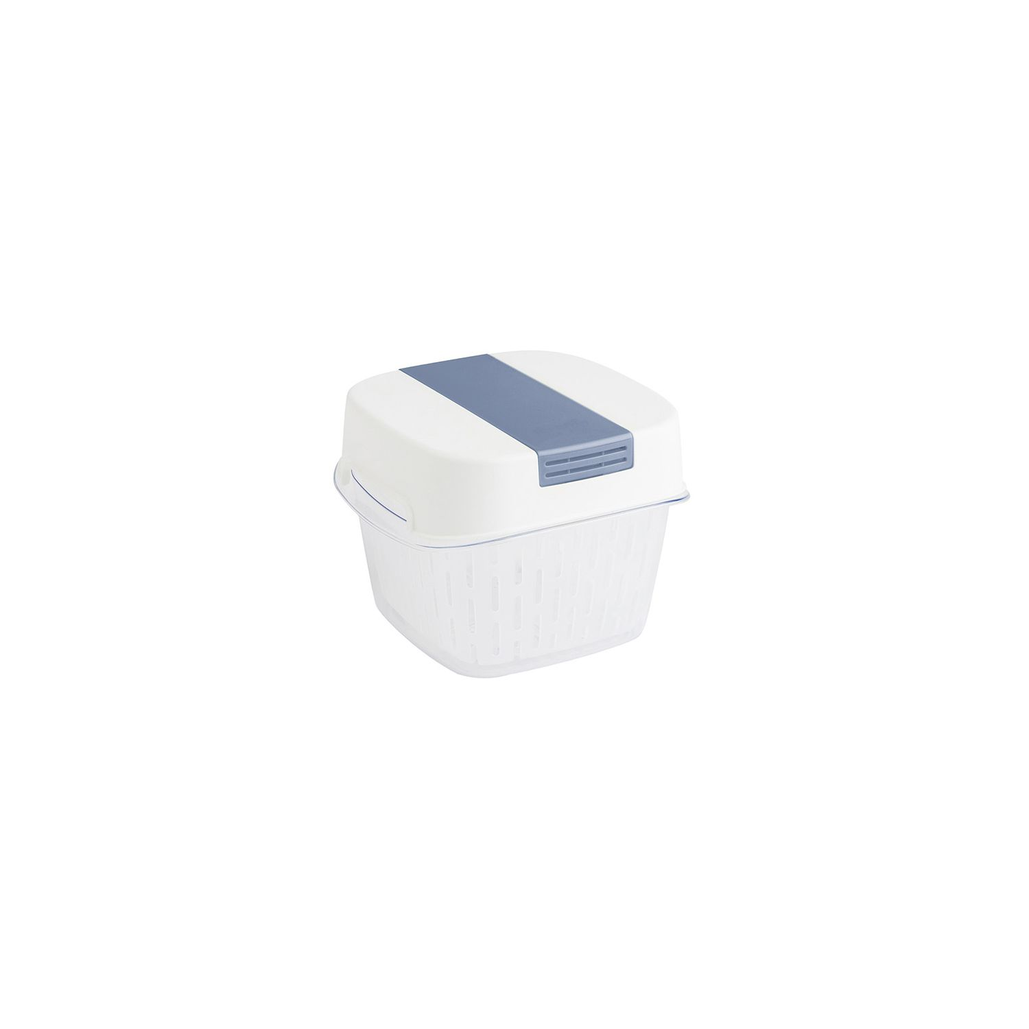 Un contenitore bianco e trasparente con una striscia blu sul coperchio.