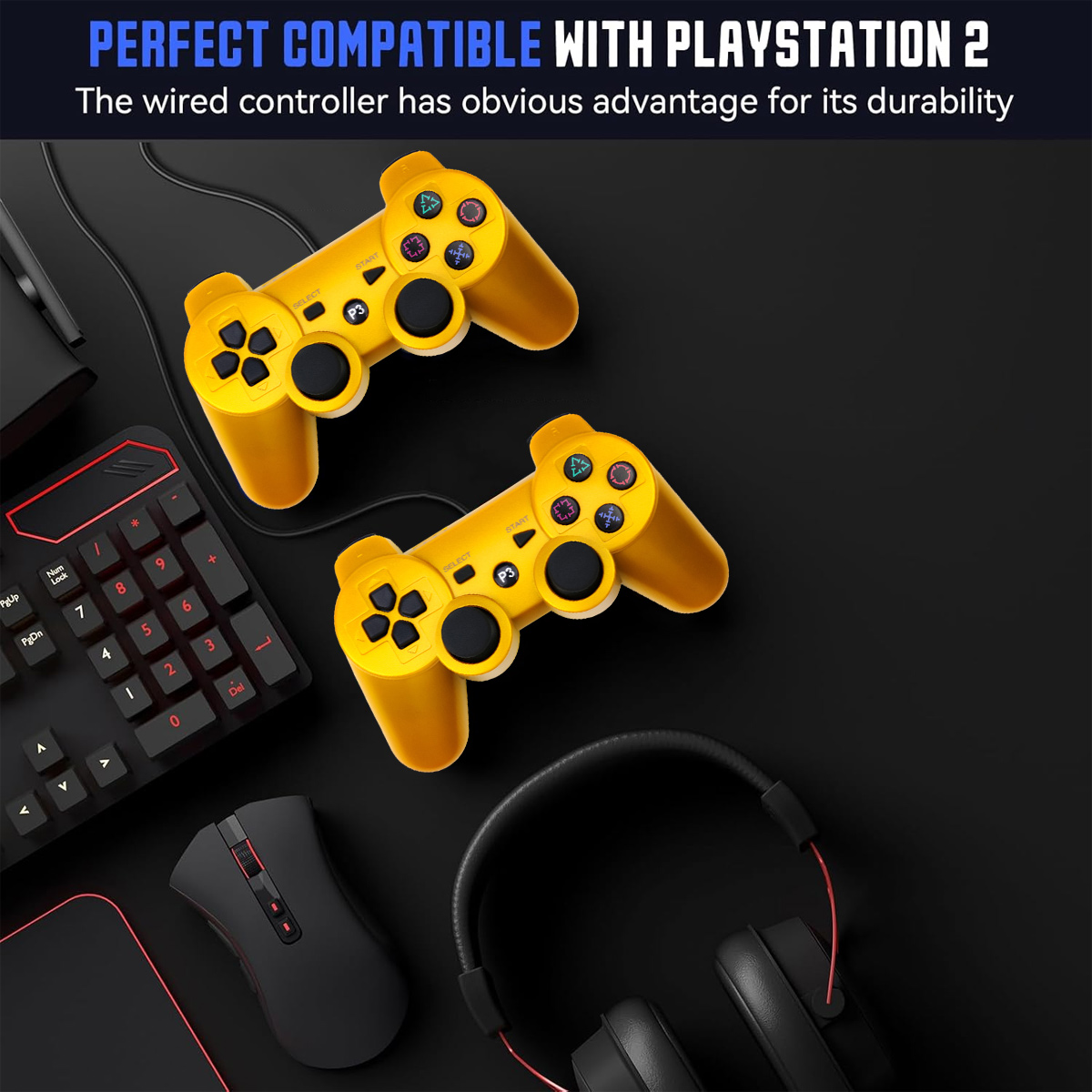 Zwei gelbe Controller, Tastatur, Maus und Kopfhörer auf schwarzem Hintergrund.