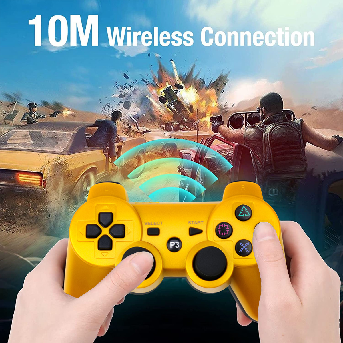 Gelbe Controller-Vorderansicht vor einer Explosion mit Autos.