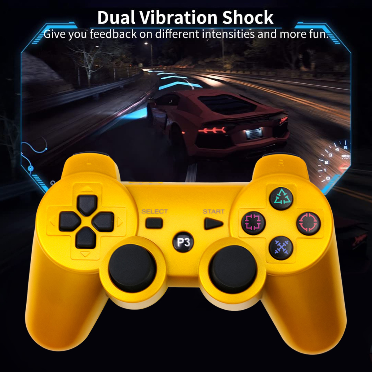 Gelber Controller vor einem Autorennen-Spielbildschirm mit rotem Sportwagen.