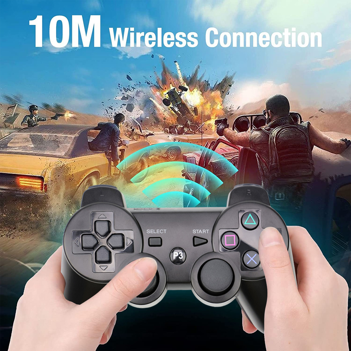 Hände halten einen Gamecontroller mit einer Autoverfolgungs-Explosionsszene im Hintergrund.