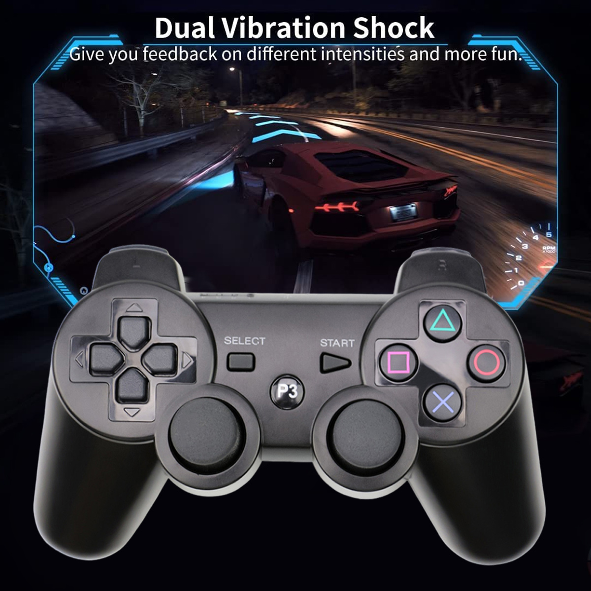 Schwarzer Gamecontroller im Vordergrund, Rennspiel auf dem Bildschirm mit rotem Auto.