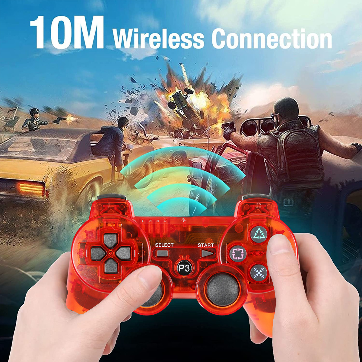 Hände halten einen roten kabellosen Controller mit Spielaction im Hintergrund.