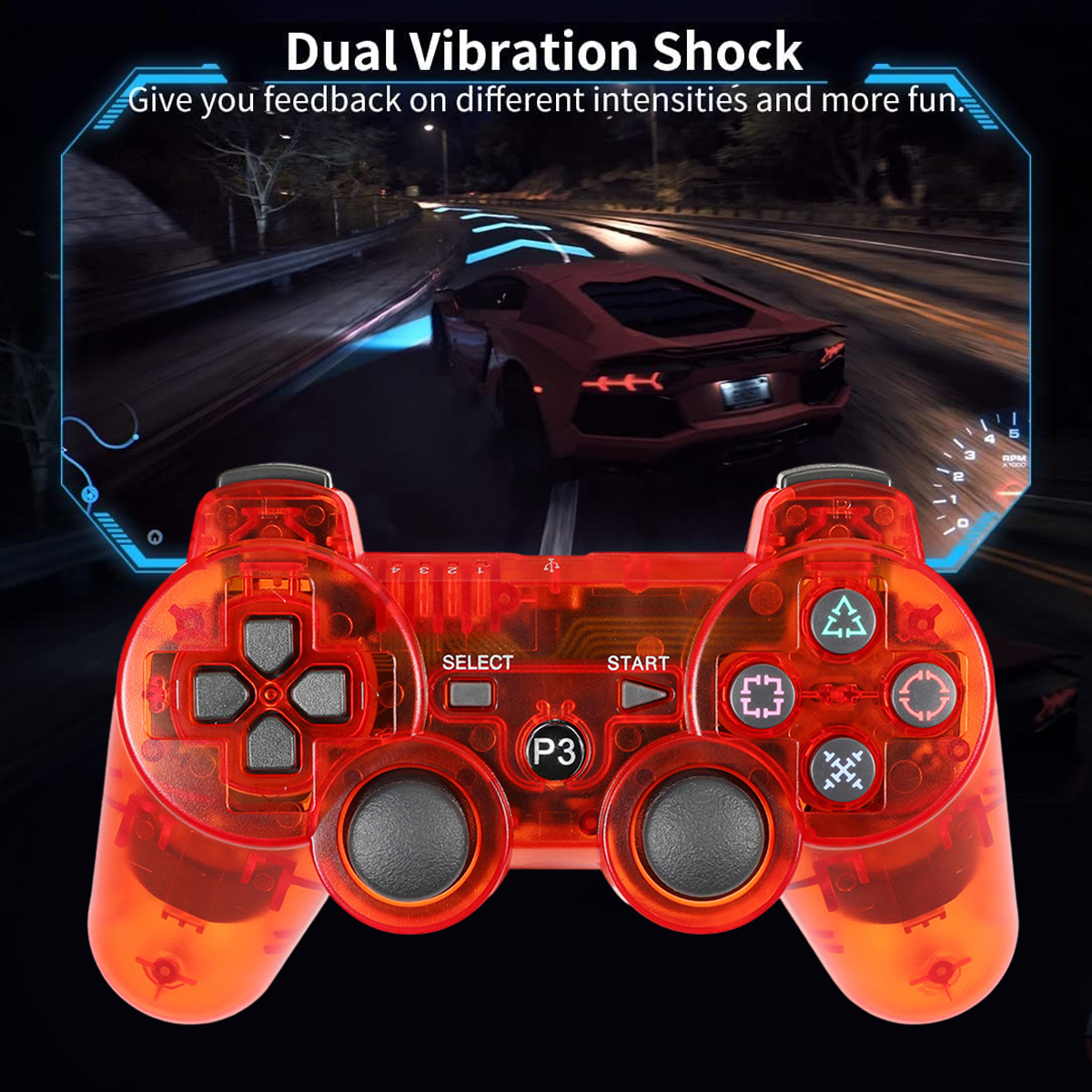 Transparenter roter Controller für Videospiele, der ein rotes Auto auf einer Rennstrecke zeigt.