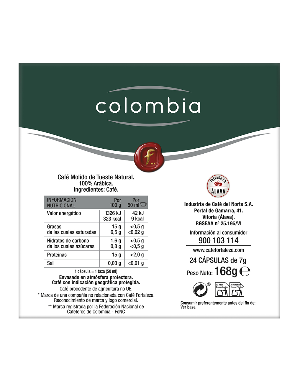 Paquete de 24 cápsulas de café, 7g cada una, peso total 168g.