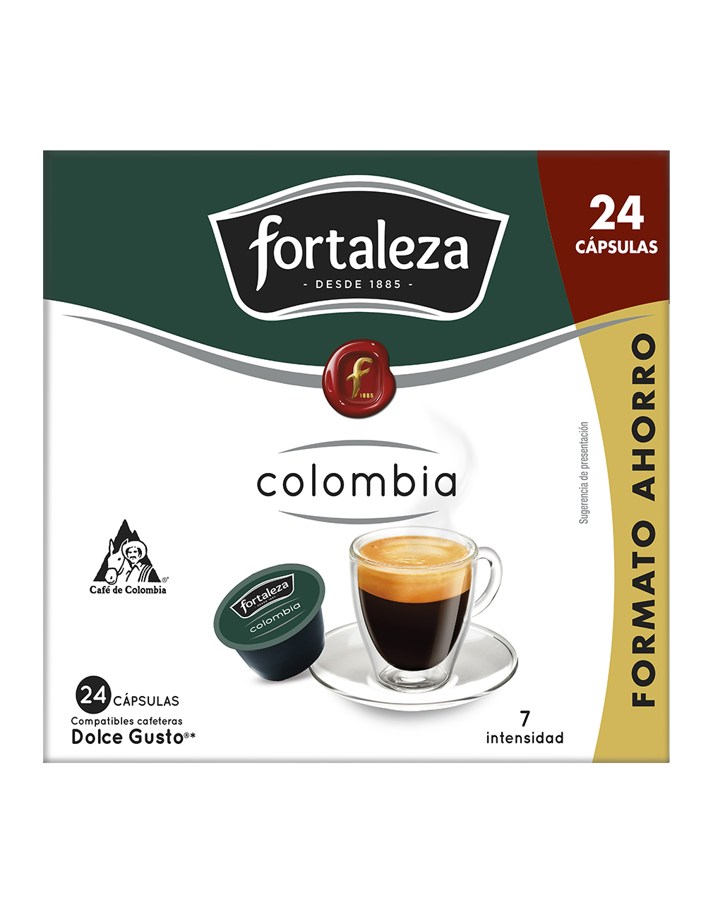 Caja de 24 cápsulas de café Fortaleza Colombia para Dolce Gusto.