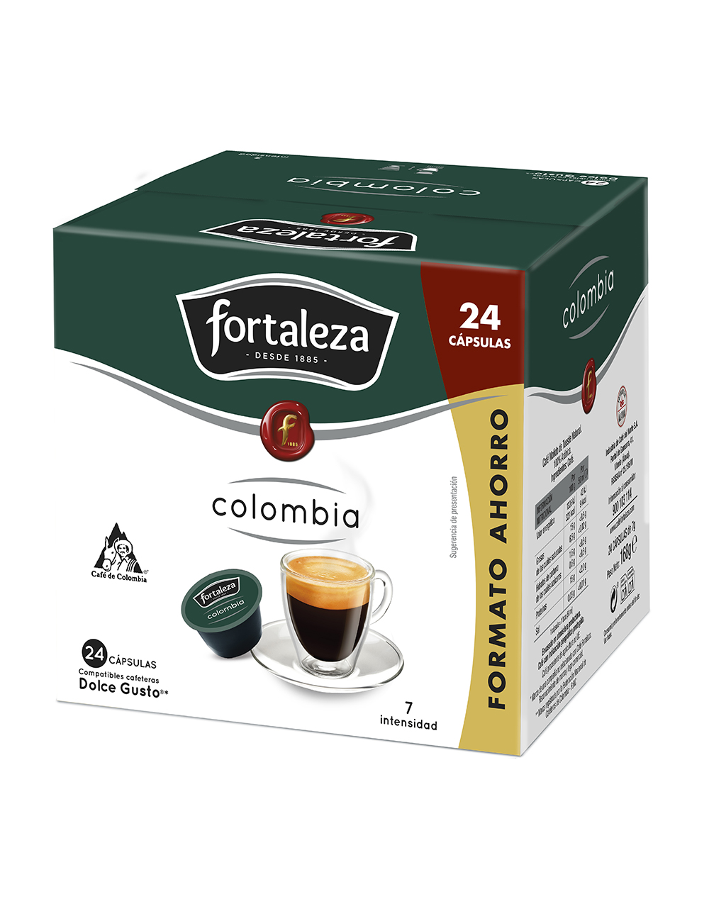 Una caja verde de cápsulas de café Fortaleza con 24 cápsulas, con una taza de espresso al lado.