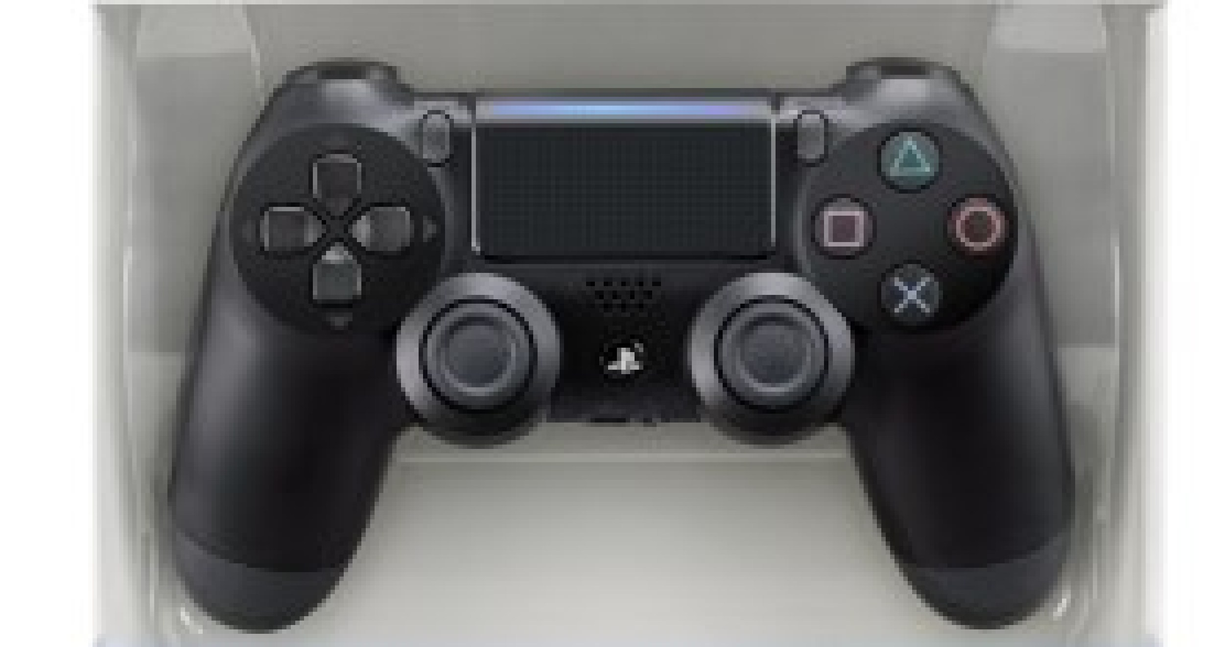 Schwarzer PlayStation-Controller mit blauer Leiste und Symboltasten.