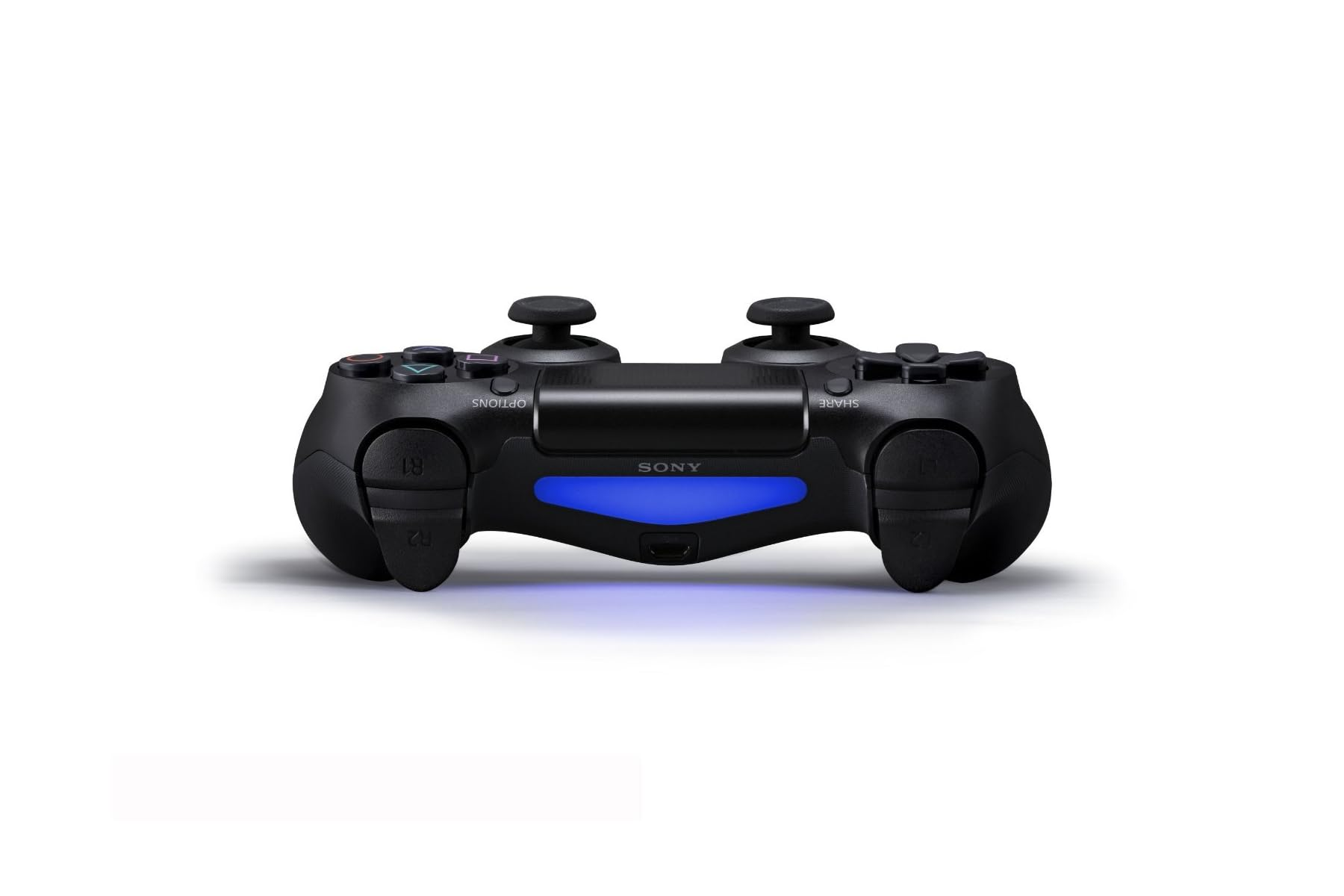Schwarzer PlayStation 4 Controller mit blauer Leuchtleiste, auf weißem Hintergrund.