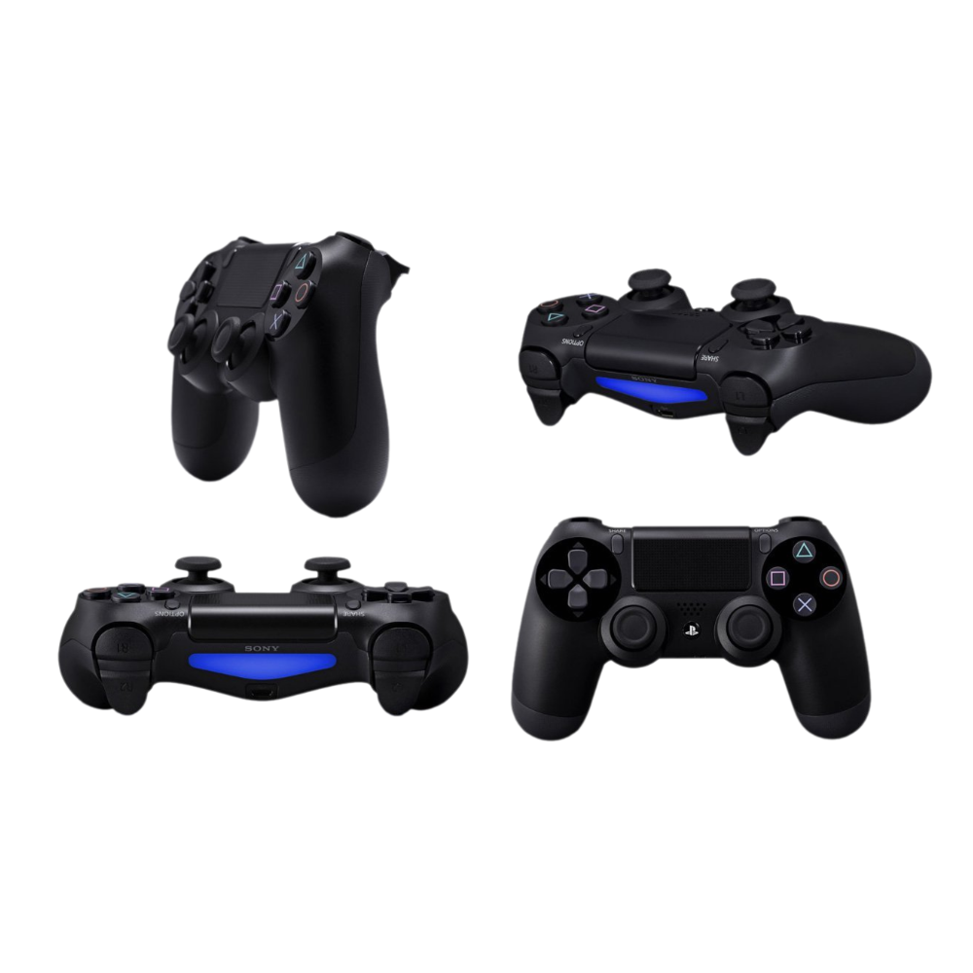 Vier schwarze Playstation 4 Controller, von oben und von der Seite gezeigt.