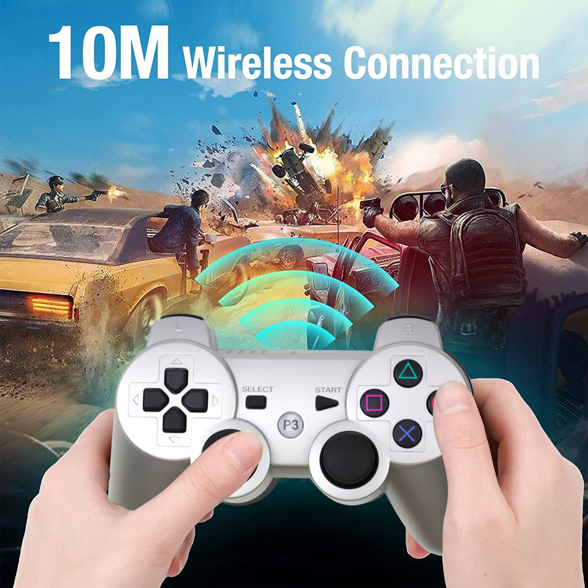 Ein Controller in der Hand vor einer explosiven Actionszene.